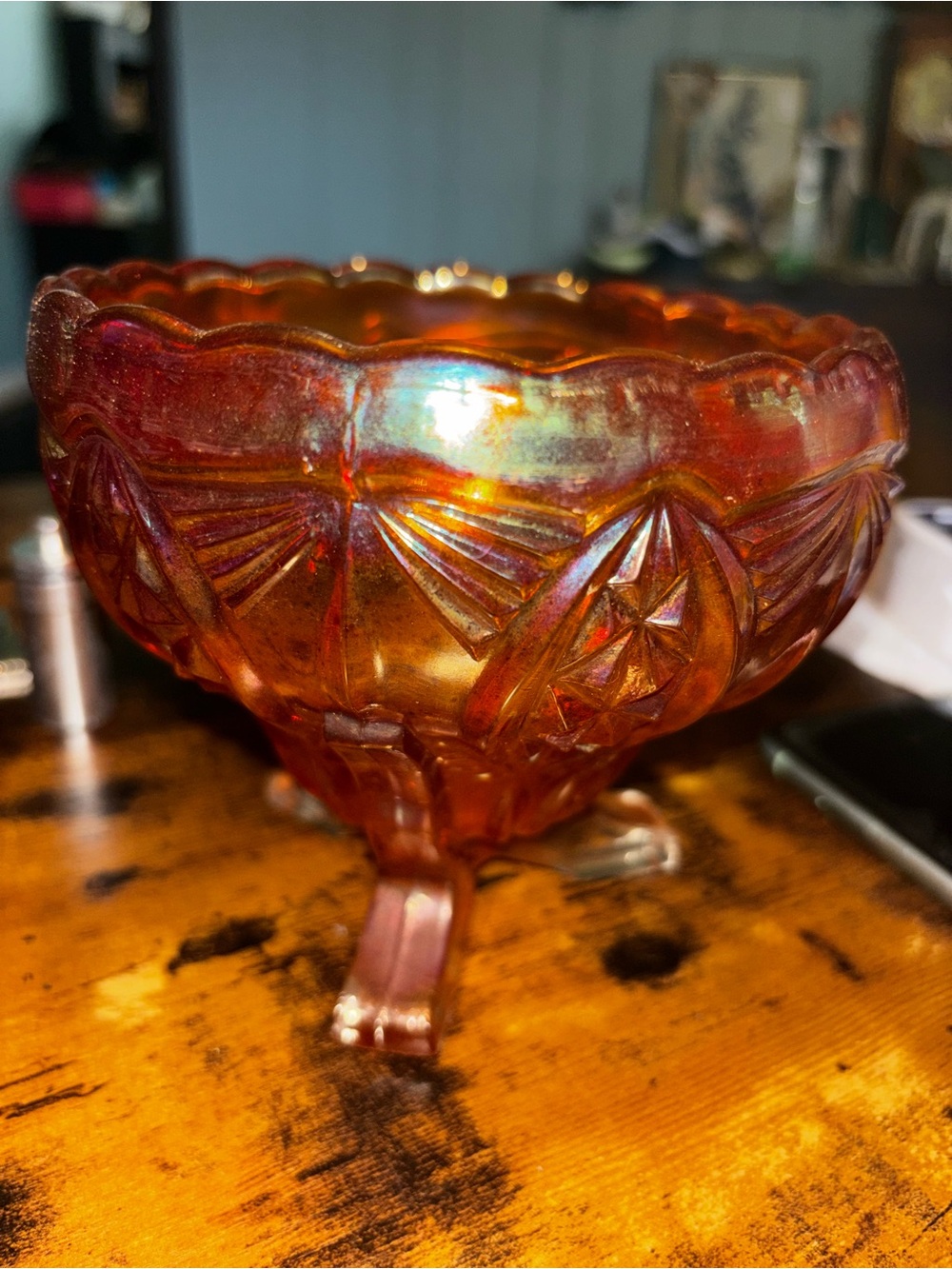 Iridescent Red-Orange Carnival Glass Footed Bowl